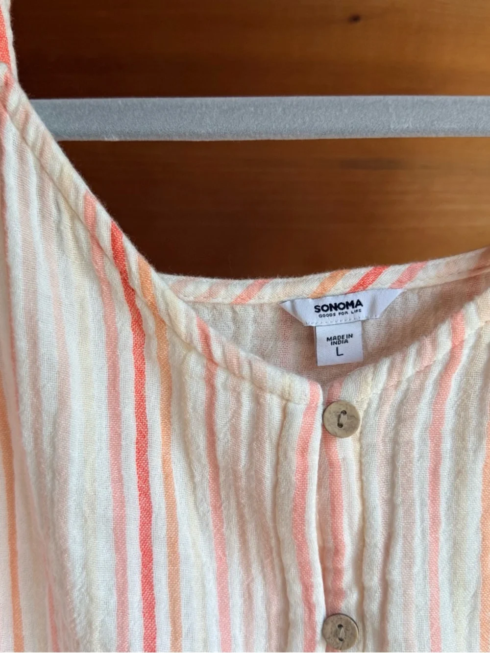 Super Soft Button-Front Striped Tank Top - Cream w Peach Pink Stripes Cotton L - Picture 2 of 6